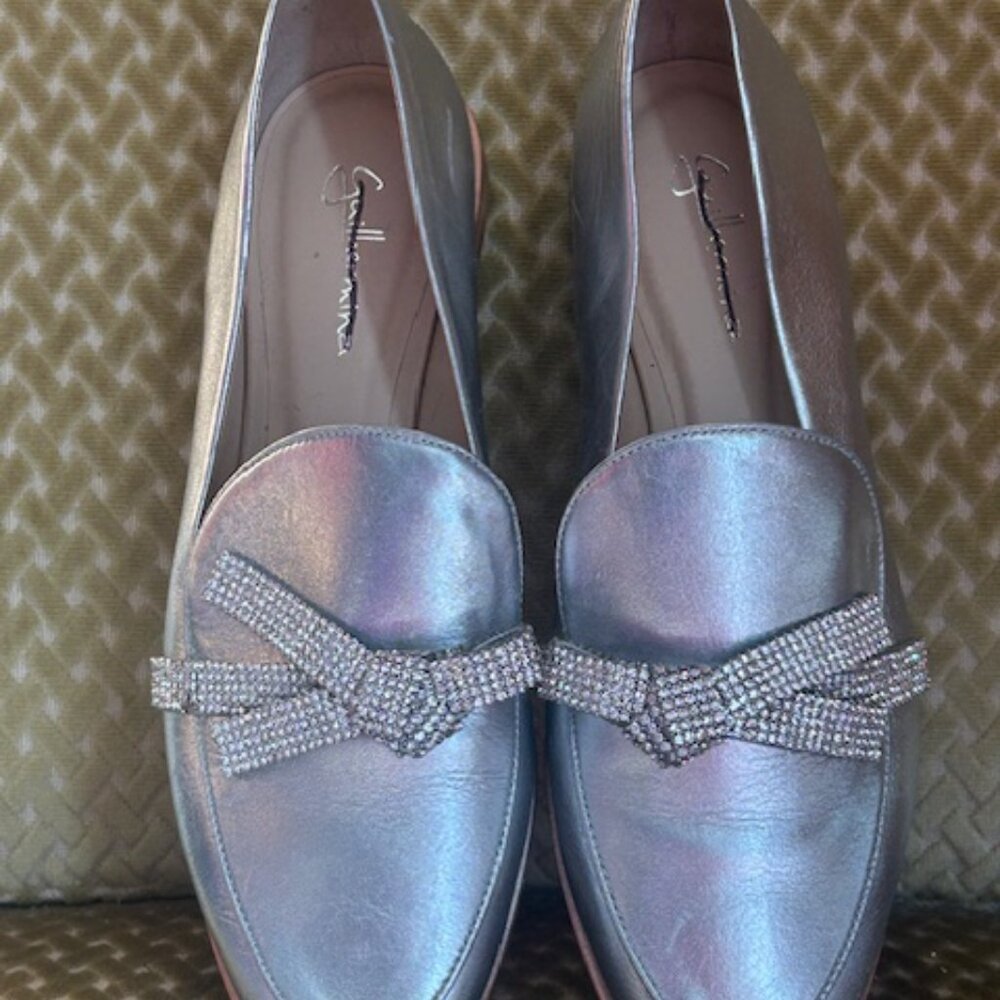 Anthropologie x Guilhermina Crystal Bow Metallic Silver Leather Loafers Flats 9 - Picture 2 of 16